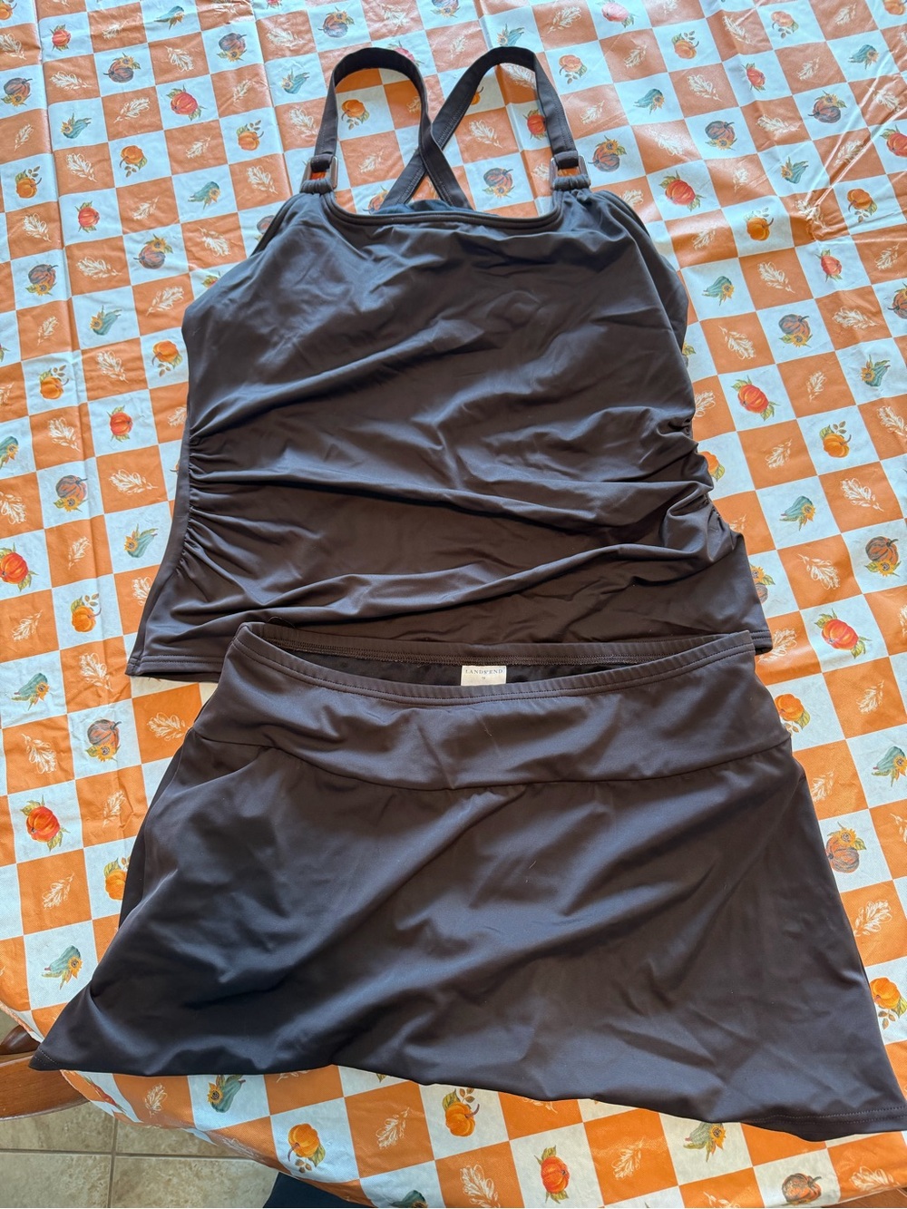 Lands' End Black Tankini Top and Swim Skirt Set